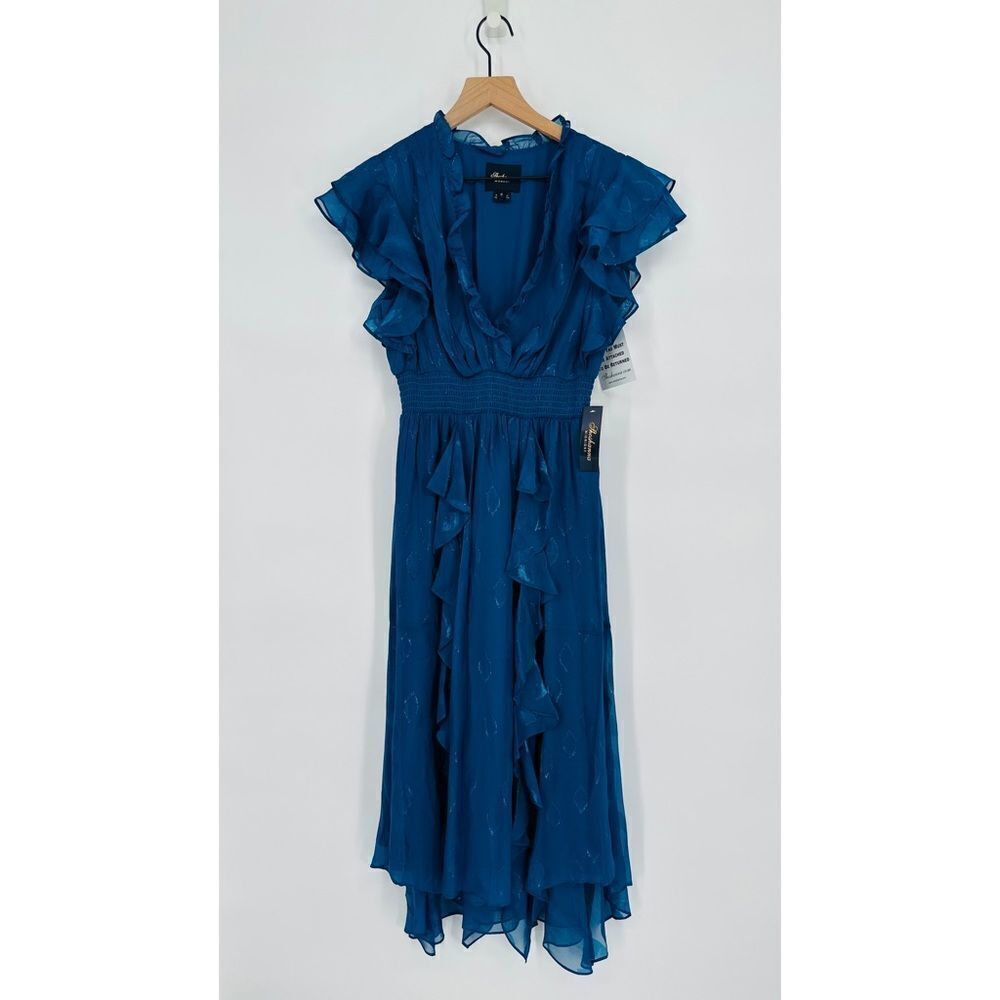 Shoshanna Maxine Metallic Midi Dress Ruffled in Dark Cerulean Blue Women's 6 NEW - Picture 3 of 9